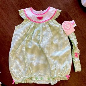 NWT Size 9 Mos Pale Green & White Striped Seersucker Watermelon Bubble Onsie